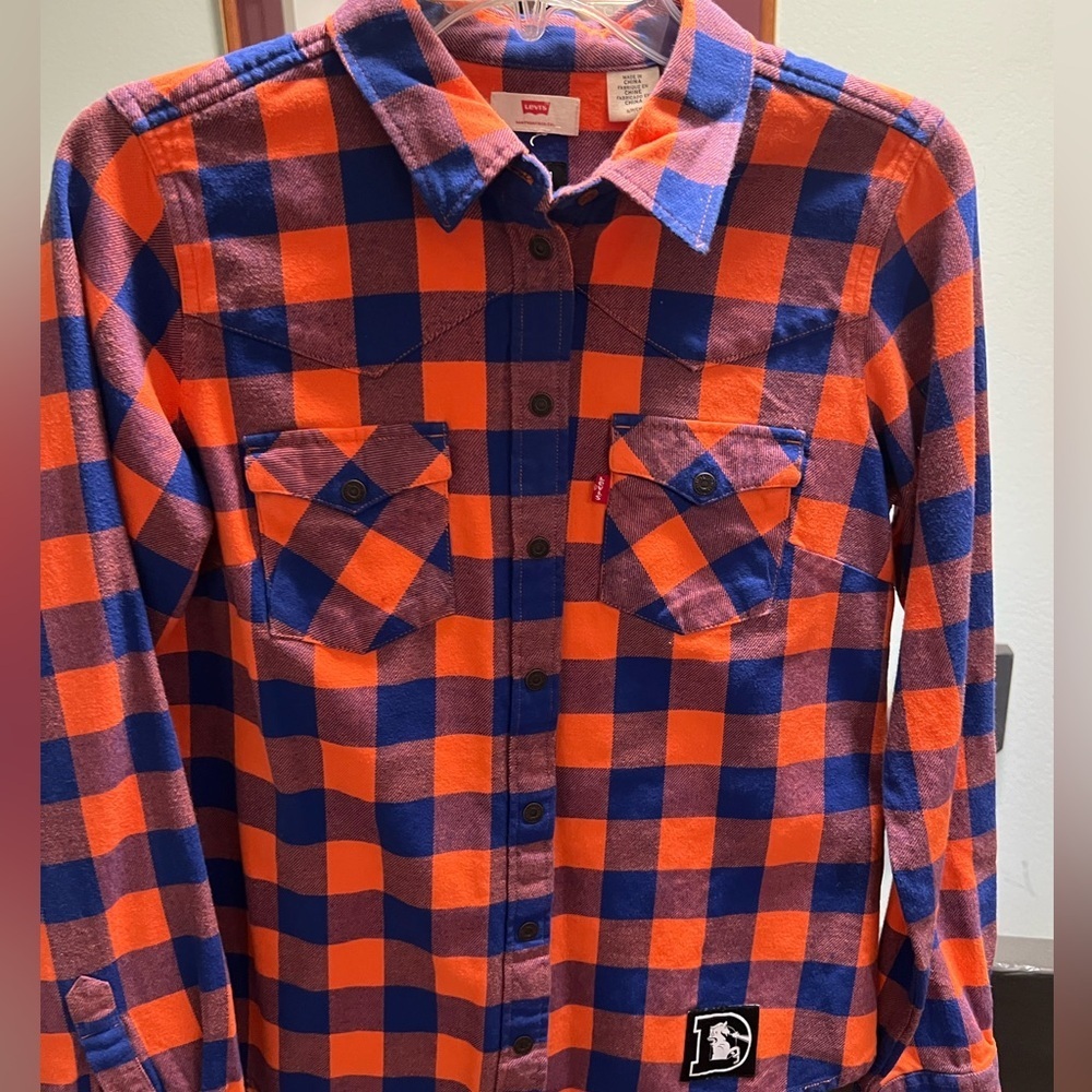 Levi's Women's Bold Orange & Blue Checkered NFL Denver Broncos Shirt #233